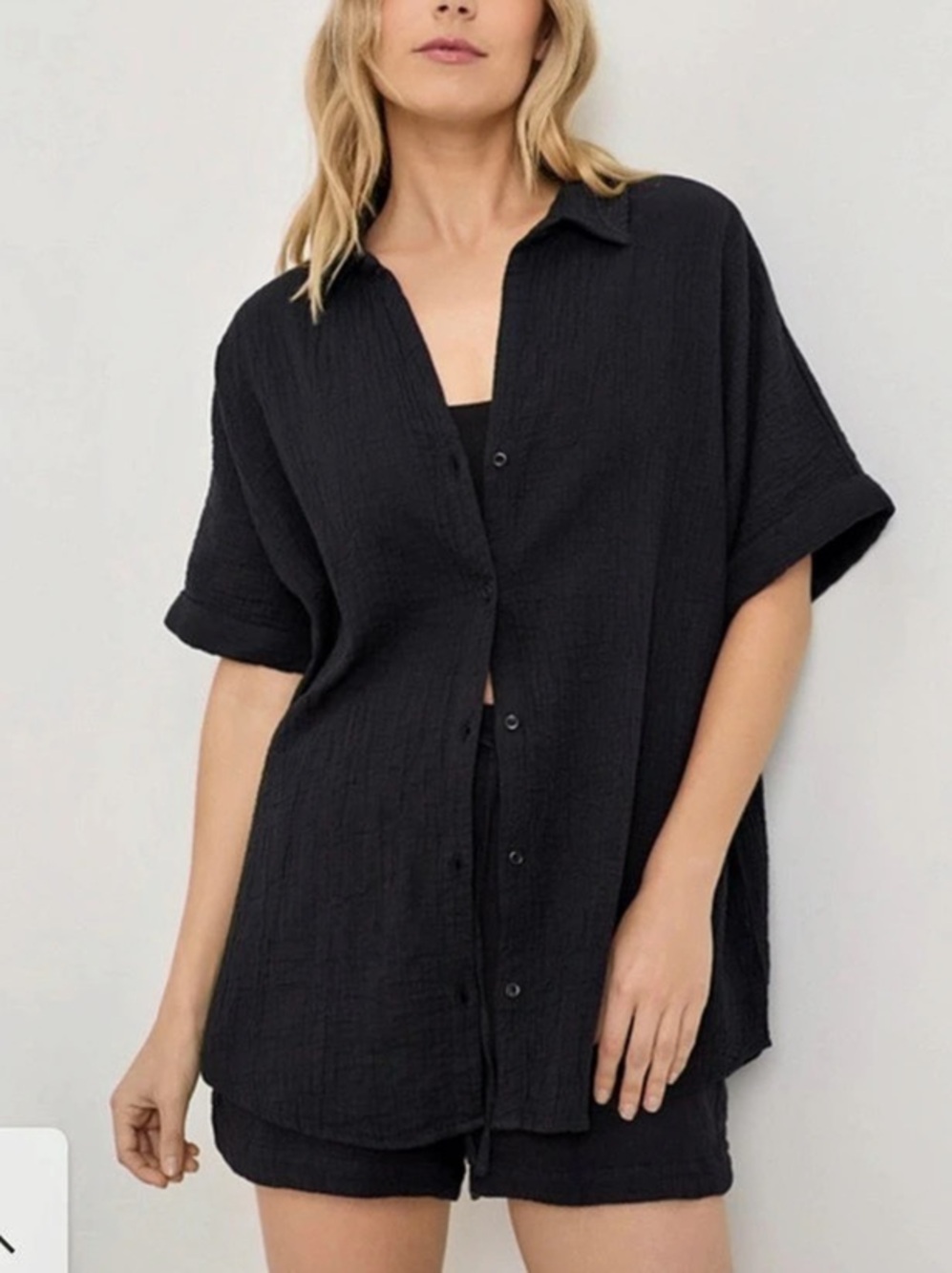 Pact Coastal Double Gauze Relaxed Shirt Black Button-Down Top Like New